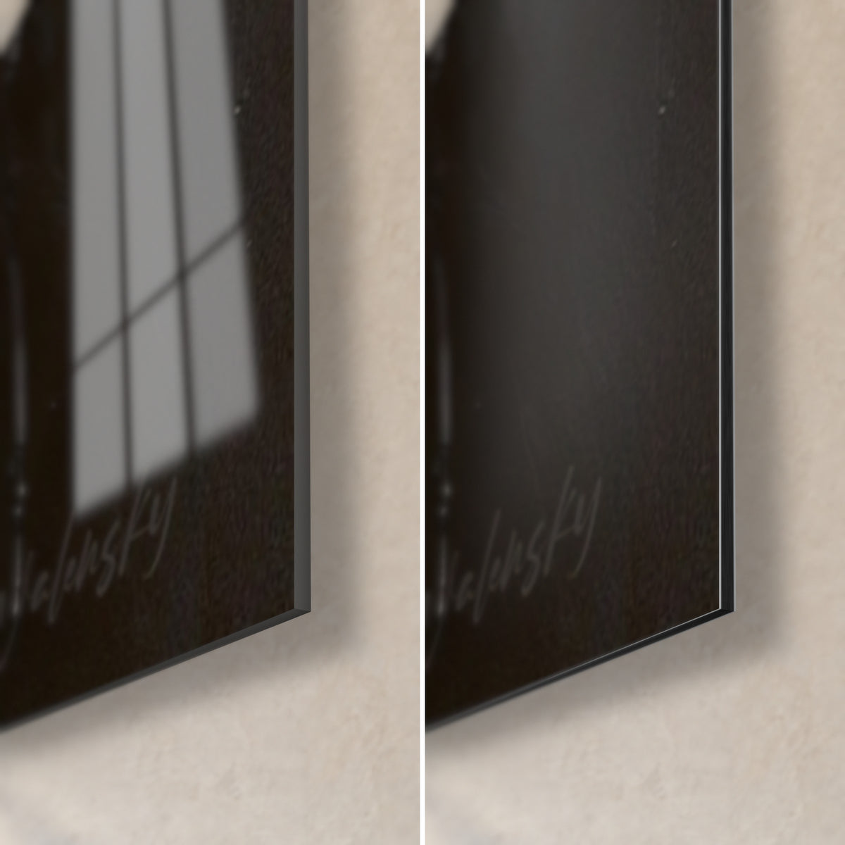 Tableau chouette aux plumes gris ardoise et roux, coin bas droit : verre acrylique brillant à gauche, Dibond noir mat à droite