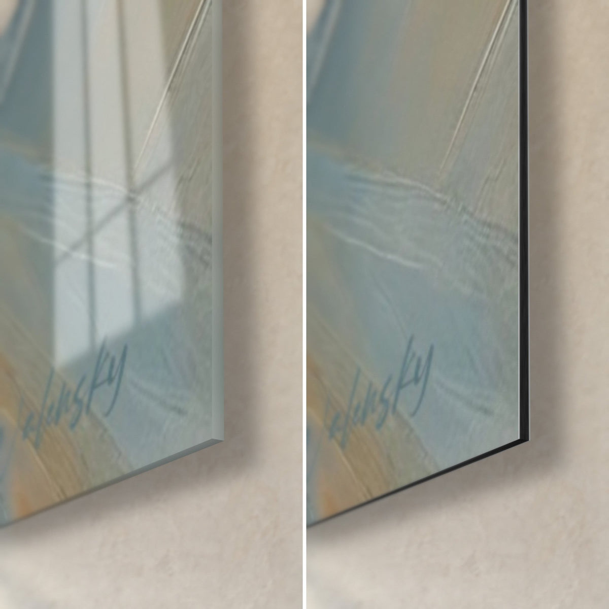 Gemälde Nachtvogel in Weiß und Gold, untere rechte Ecke: glänzendes Acrylglas links, mattschwarzes Alu-Dibond rechts, 3 mm Kante
