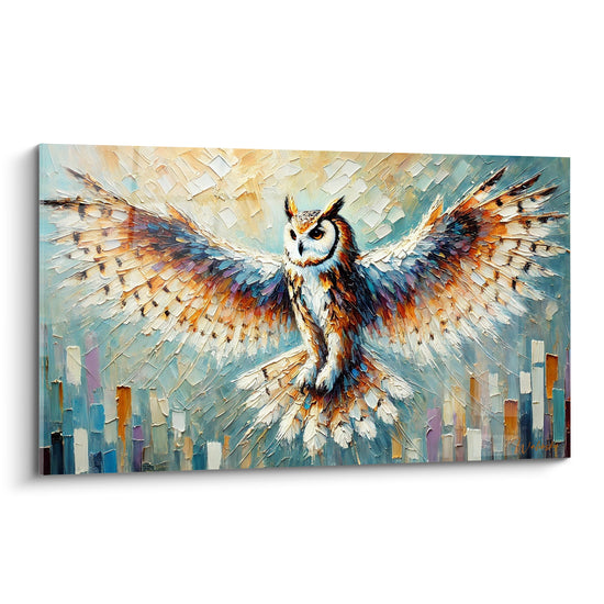 Tableau Hibou ailes déployées bleu ocre - Envol triomphant - Edition Hibou
