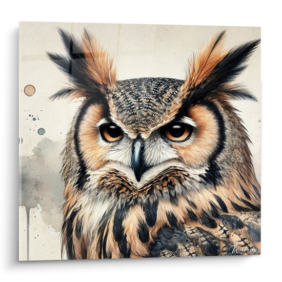 Hibou grand-duc fauve et anthracite au regard ambré perçant sur fond aquarelle beige