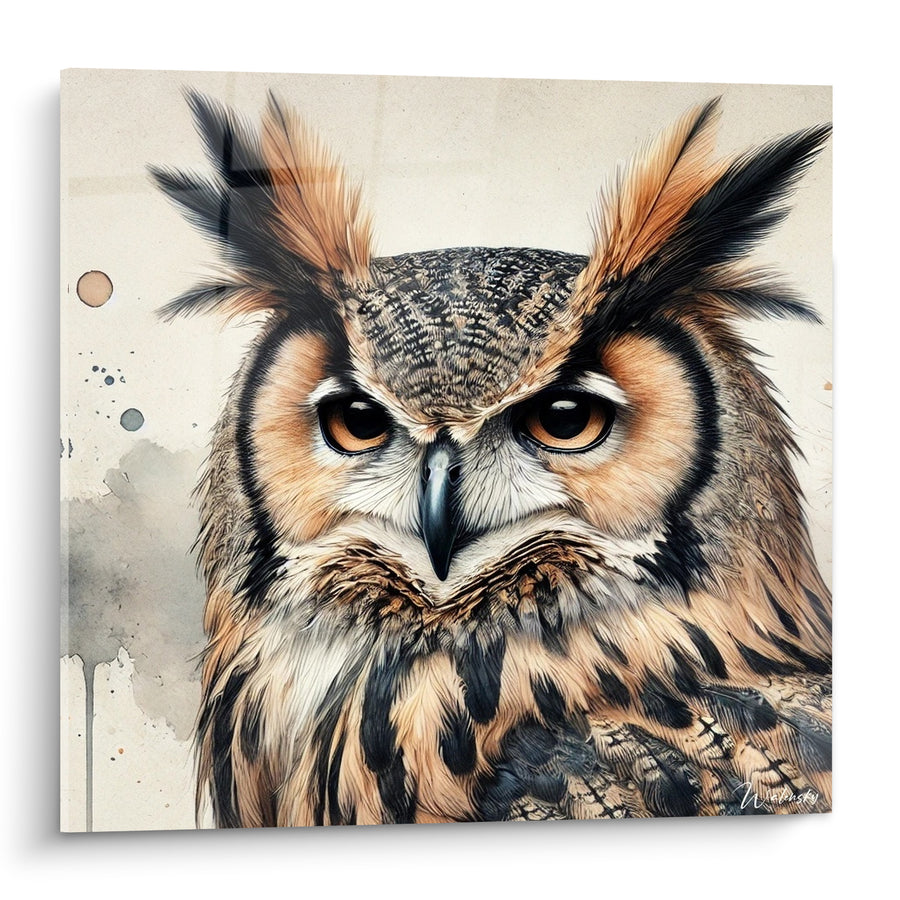 Tableau Hibou grand-duc fauve et anthracite intense - Regard perçant - Edition Hibou