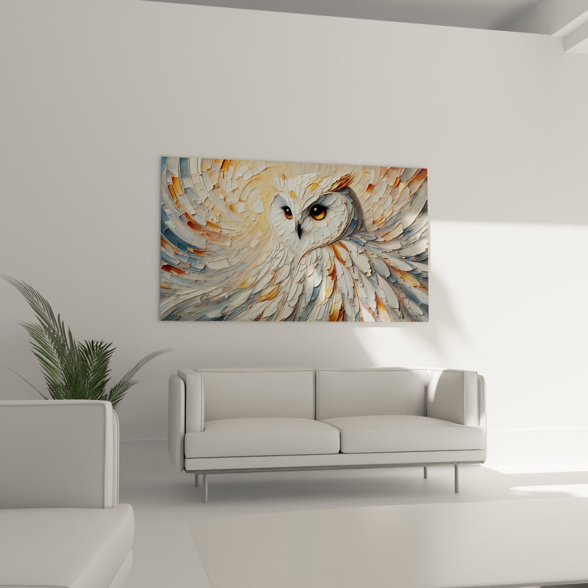 Plumage tourbillonnant du hibou blanc et fauve accroché au-dessus d'un canapé dans un salon lumineux