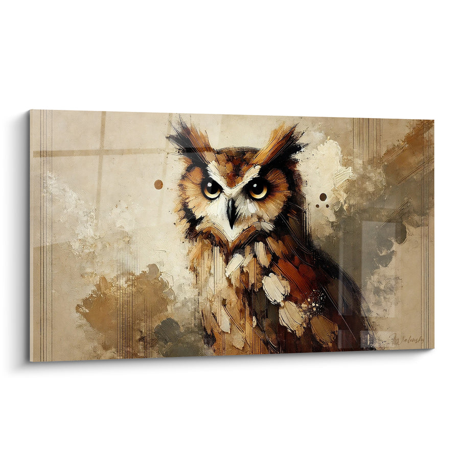 Tableau Hibou fauve aux yeux dorés perçants - Vigie nocturne - Edition Hibou