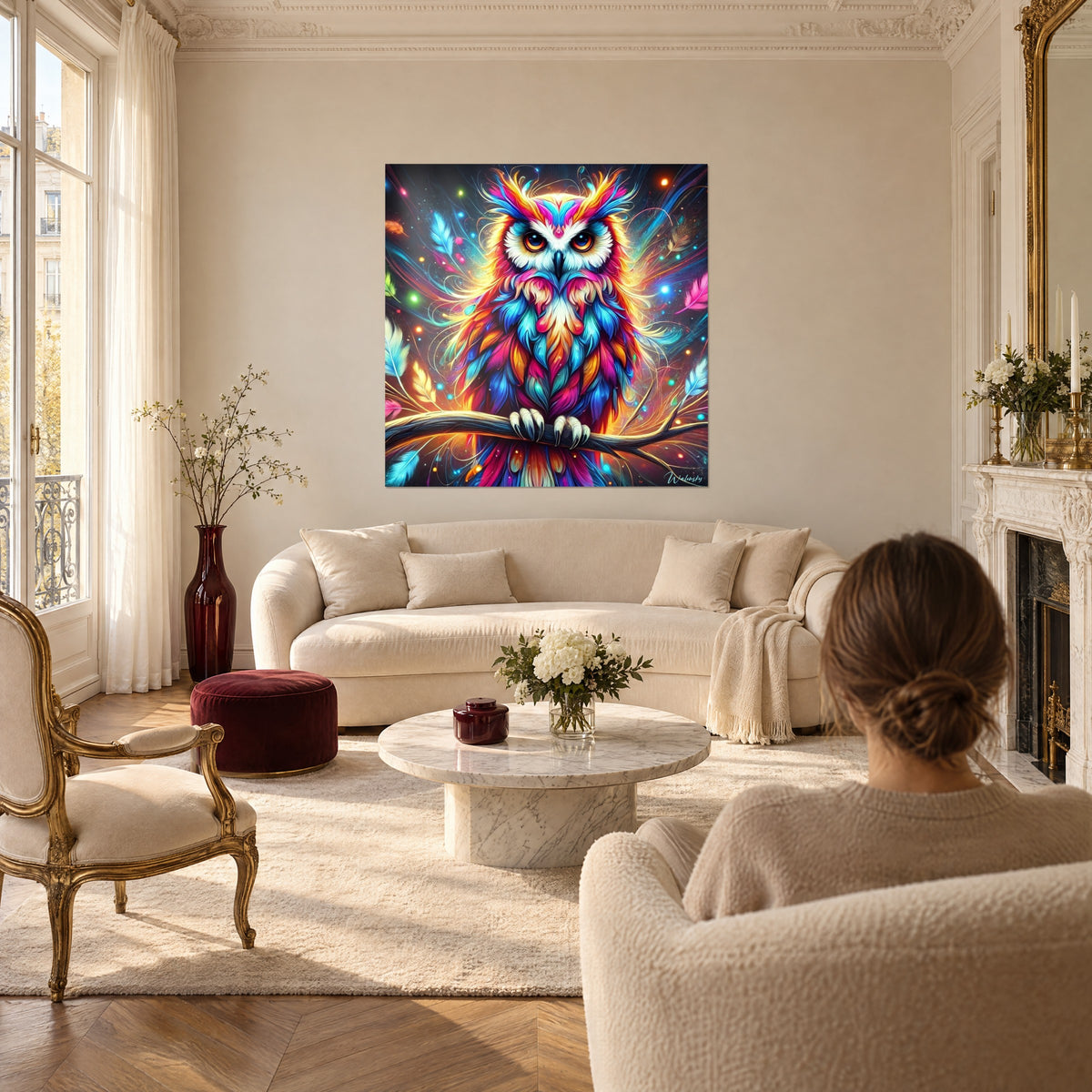 Gemälde Eule mit magentafarbenen und türkisblauen Federn, glühend bernsteinfarbene Augen, Frau von hinten, über einem Sofa in einem hellen Wohnzimmer
