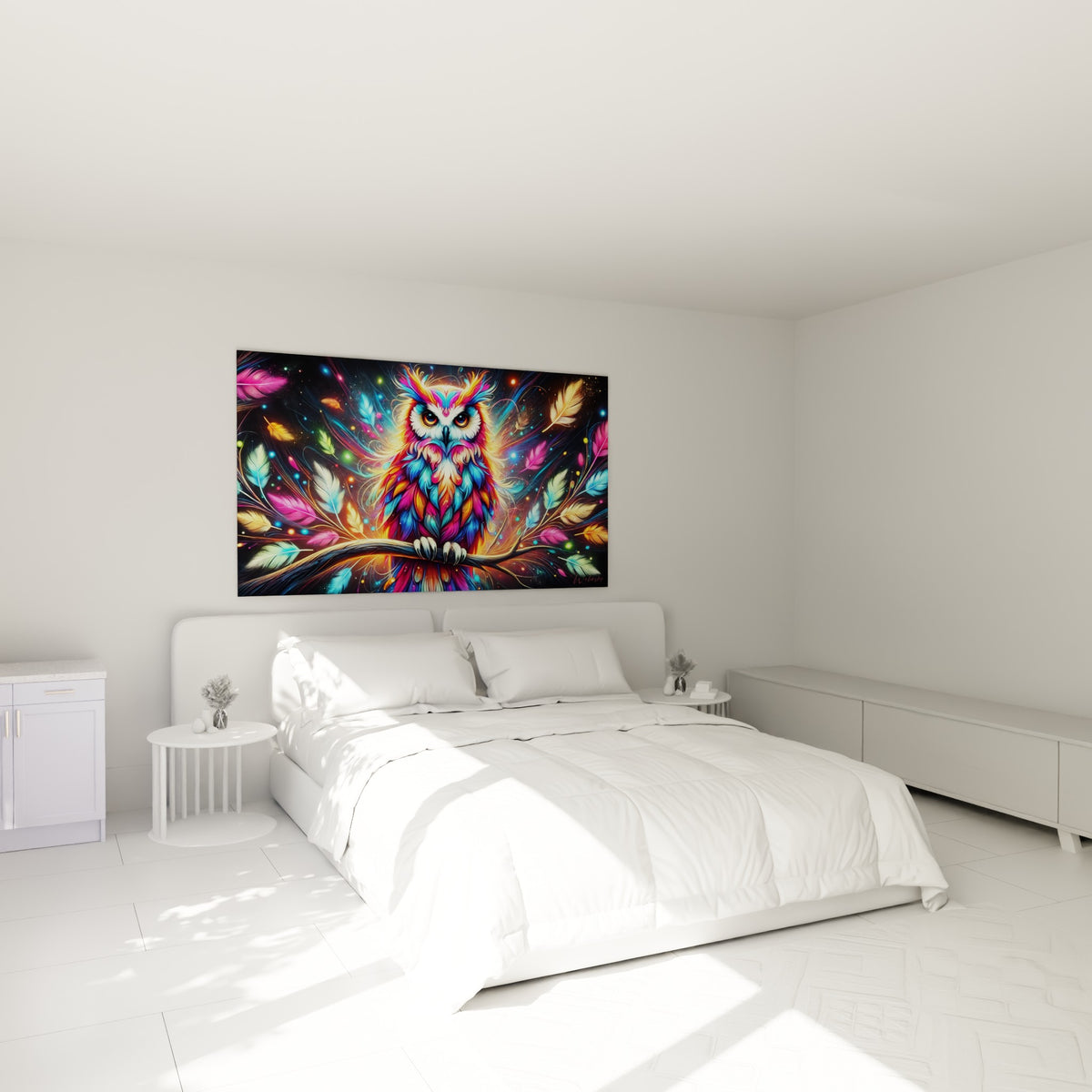Rapace fuchsia et bleu électrique aux plumes flottantes accroché au-dessus d'un lit dans une chambre claire