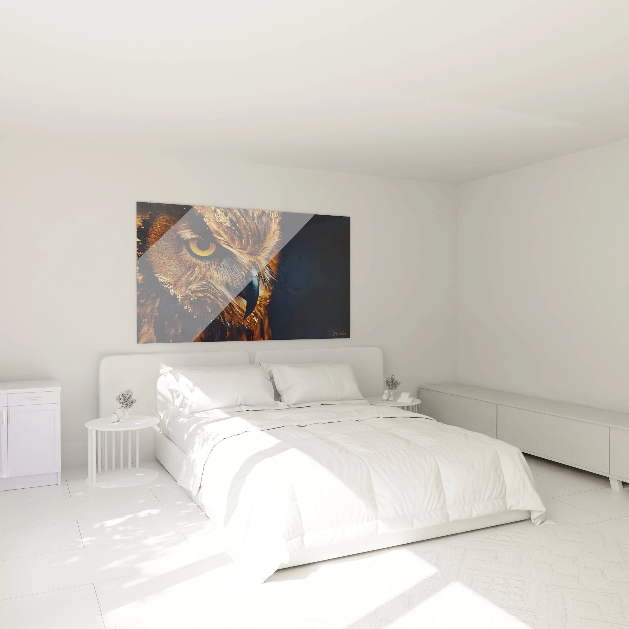Tableau hibou Walensky avec un gros plan sur le visage d'un hibou dans une chambre moderne