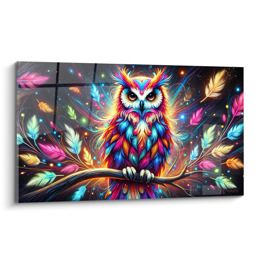 Tableau Hibou multicolore aux plumes lumineuses - Gardien lumineux - Edition Hibou