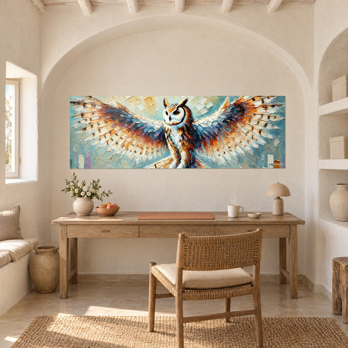 Tableau grand-duc aux ailes ouvertes, empâtements crème et cuivre sur fond bleu pâle, dans une niche voûtée au-dessus d'un bureau
