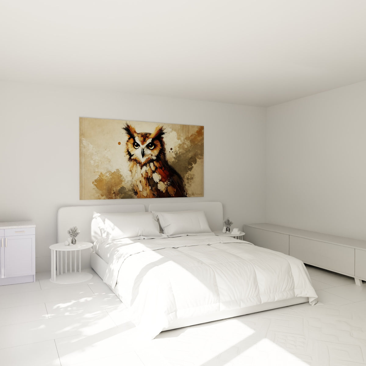 Regard doré du hibou brun et beige, suspendu au-dessus d'un lit dans une chambre claire.