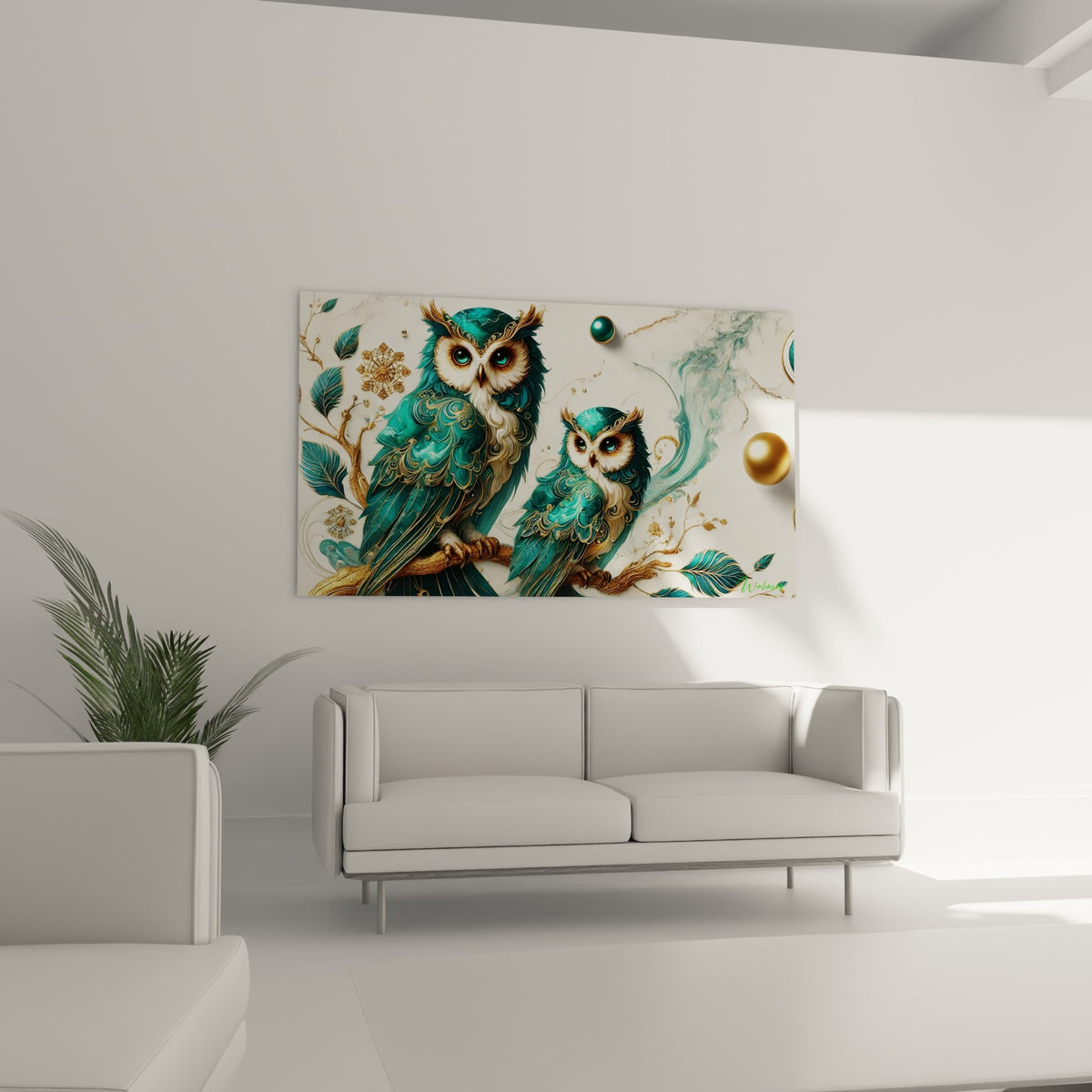 Hiboux turquoise ornés de motifs dorés au-dessus d'un canapé dans un salon lumineux
