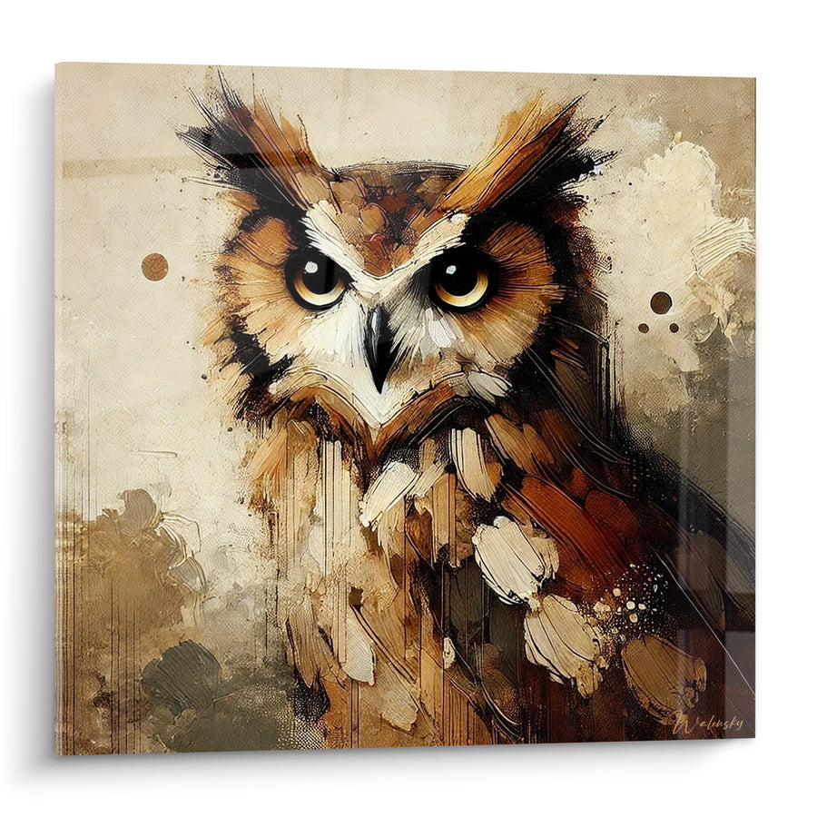 Tableau Grand-duc brun et beige aux coulures d'encre - Portrait au fusain sépia - Edition Hibou