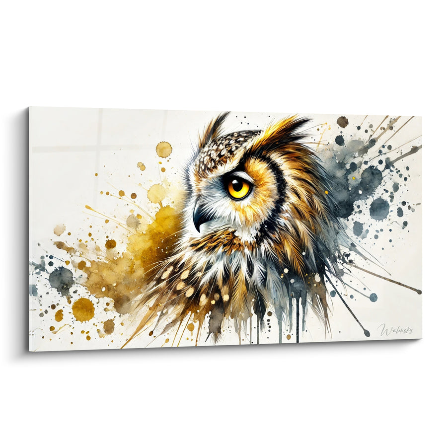 Tableau Hibou ocre et gris aux éclaboussures d'aquarelle - Profil aux taches diluées - Edition Hibou
