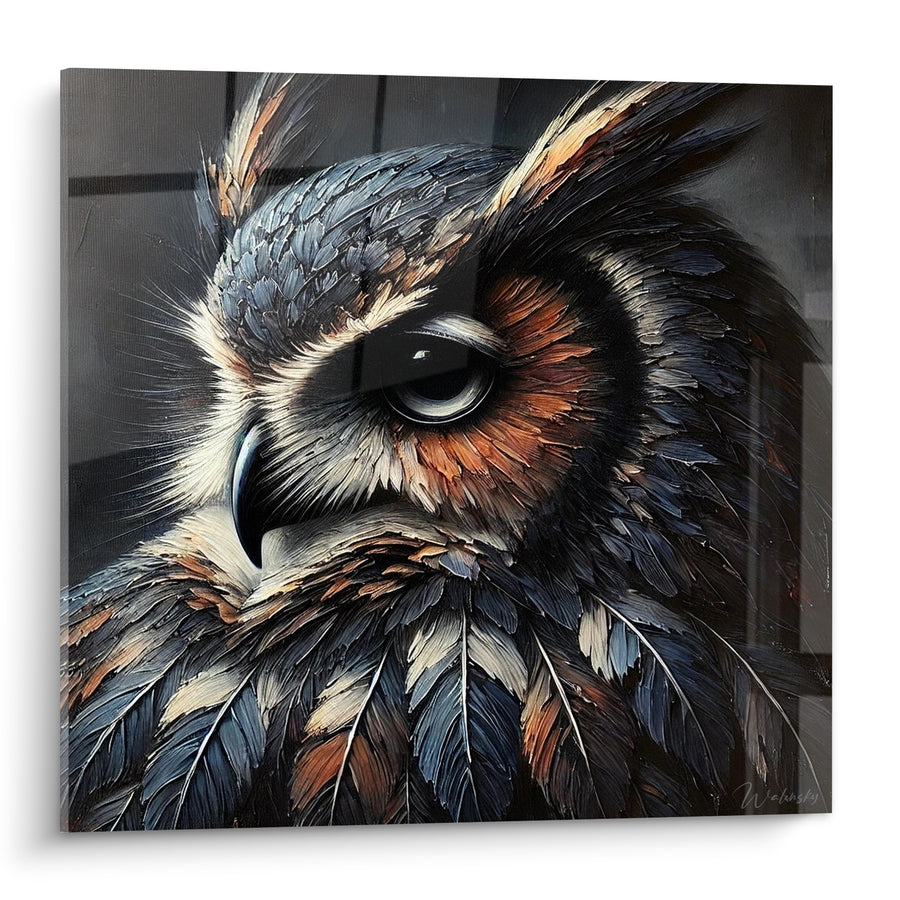 Tableau Hibou aux plumes bleu nuit et fauve - Vigilance nocturne - Edition Hibou