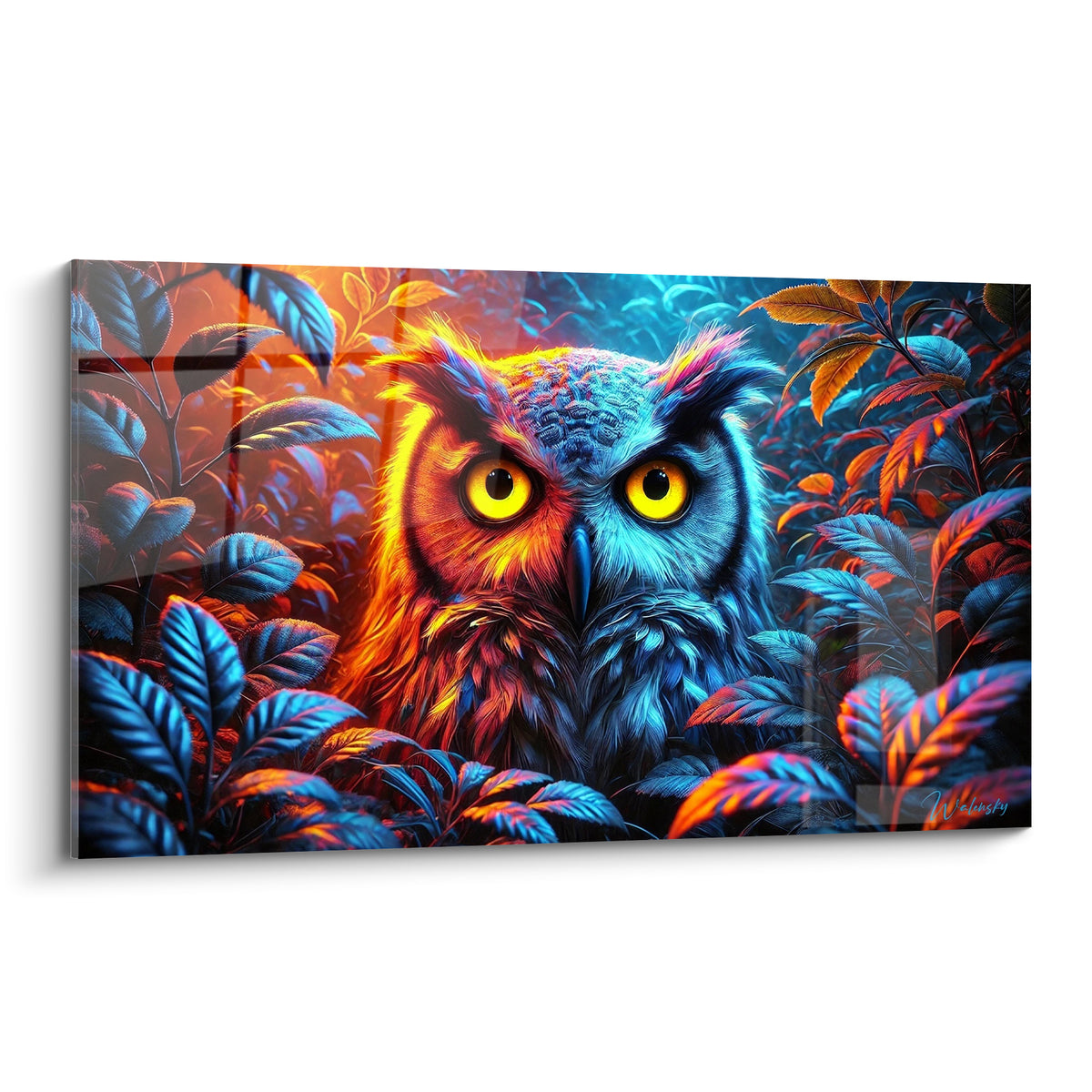 Hibou aux yeux jaunes et plumage bicolore orange et bleu niché dans un feuillage dense