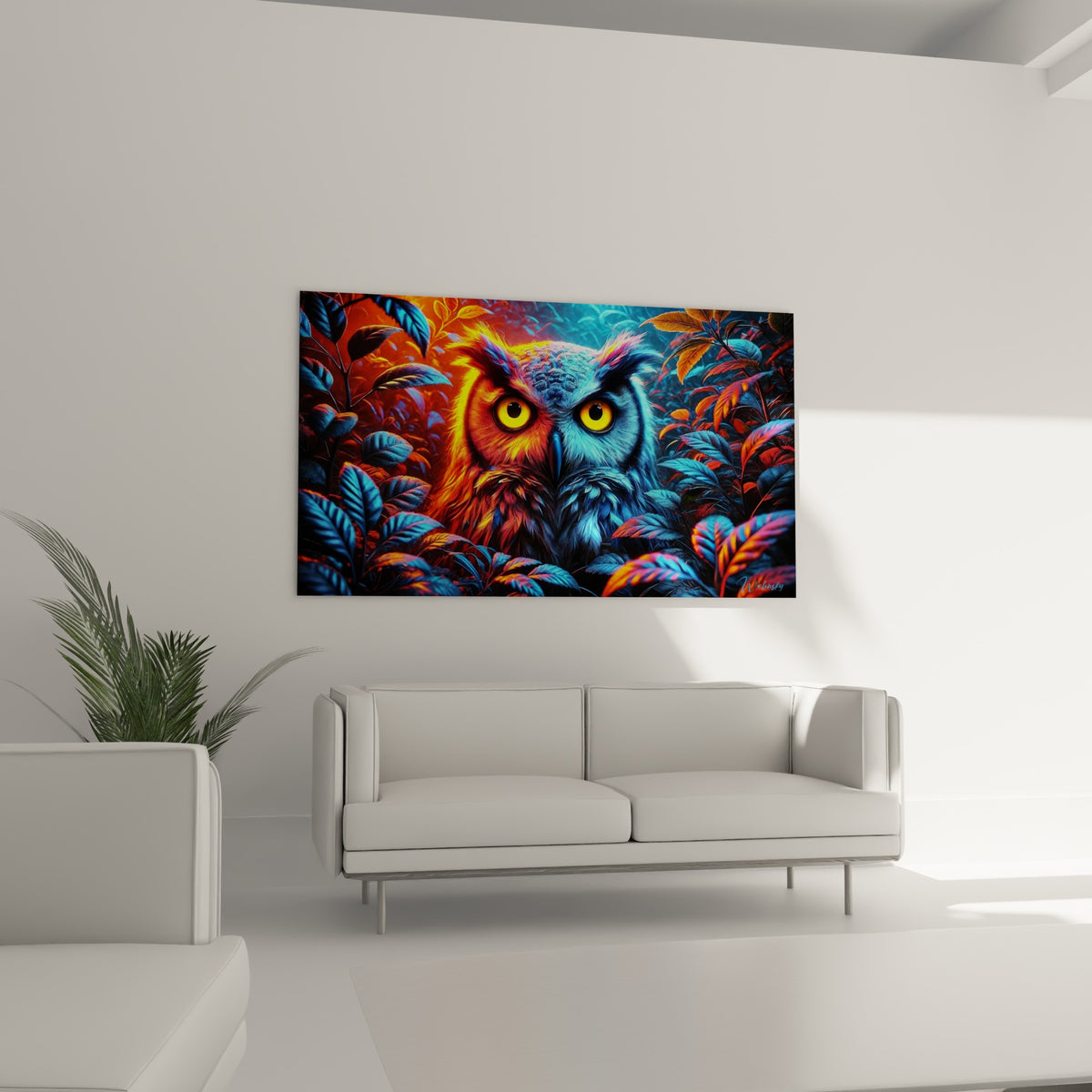 Plumage orange incandescent et bleu glacial d'un hibou accroché au-dessus d'un canapé dans un salon lumineux