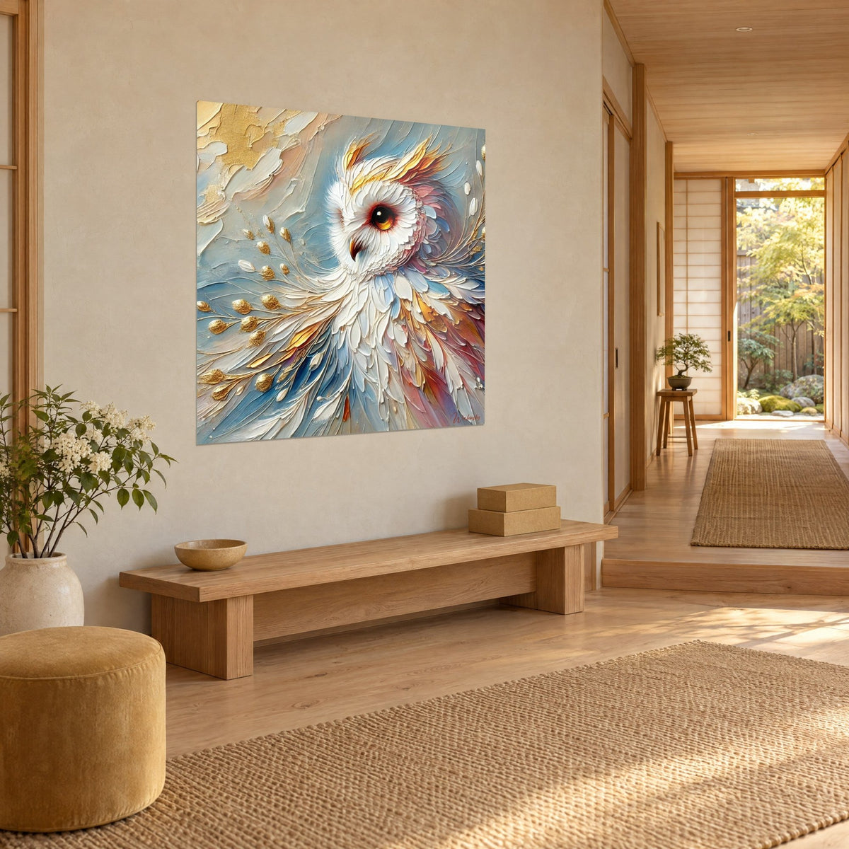 Gemälde Schleiereule cremefarben mit goldenem Schnabel, Halskrause in Eisblau und Rosa, Zweige mit goldenen Knospen, beige Wand, Dreiviertelansicht