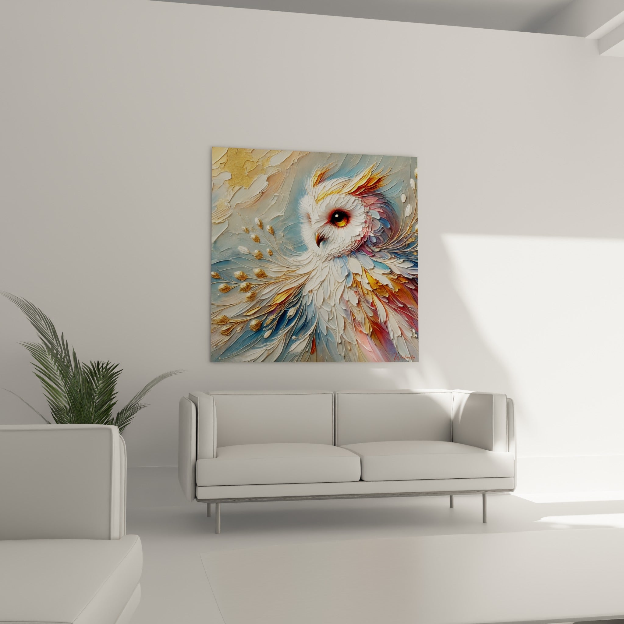 Plumage doré et bleu pastel du hibou déployé au-dessus d'un canapé dans un salon lumineux