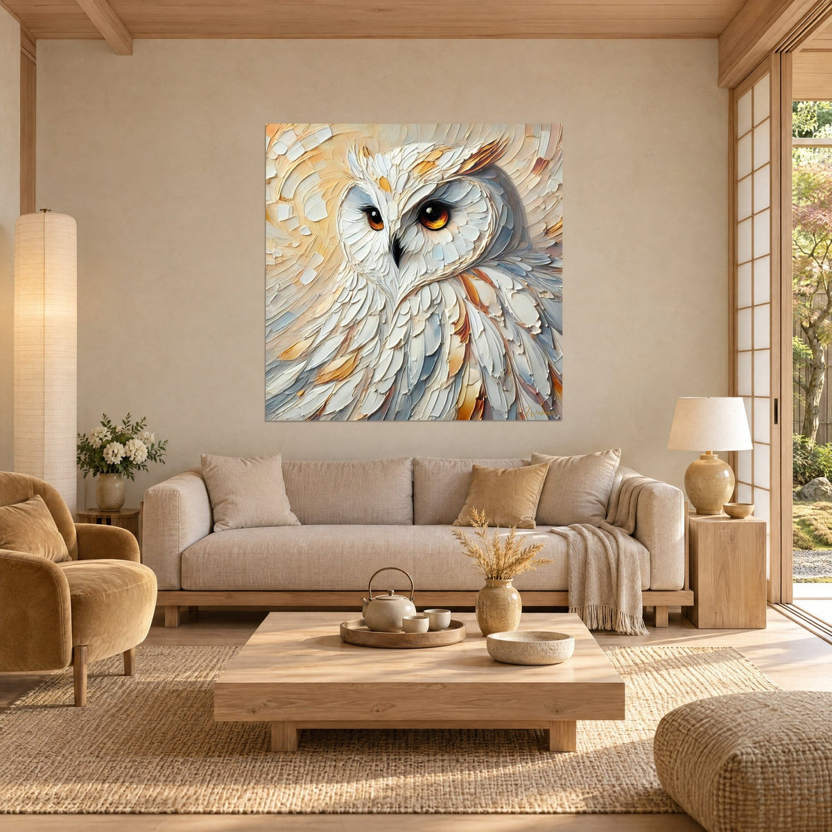 Wall art barn owl with cream and blue-grey raised feathers, amber eyes, above a sofa in a bright living room