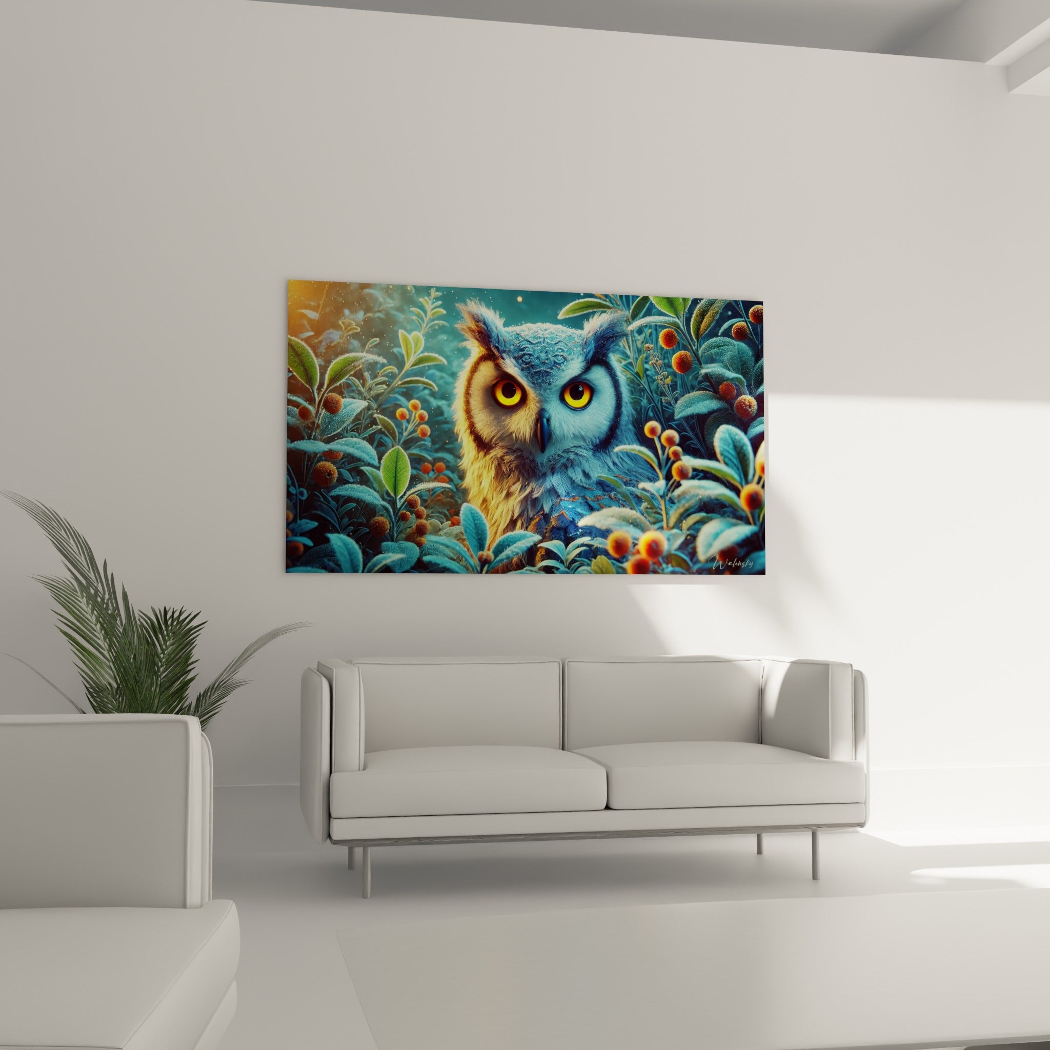 Plumage bleu glacé et doré du hibou entouré de baies orange, au-dessus d'un canapé dans un salon lumineux