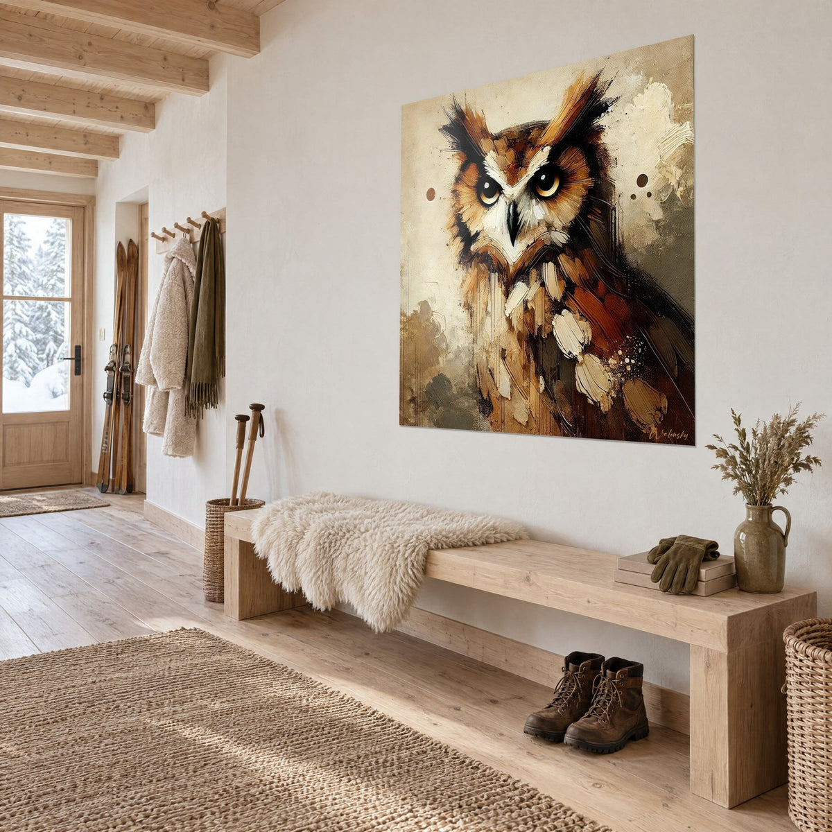 Wall art owl with sepia ink drips and ochre stains on a beige background, three-quarter view in a light wood entrance hall