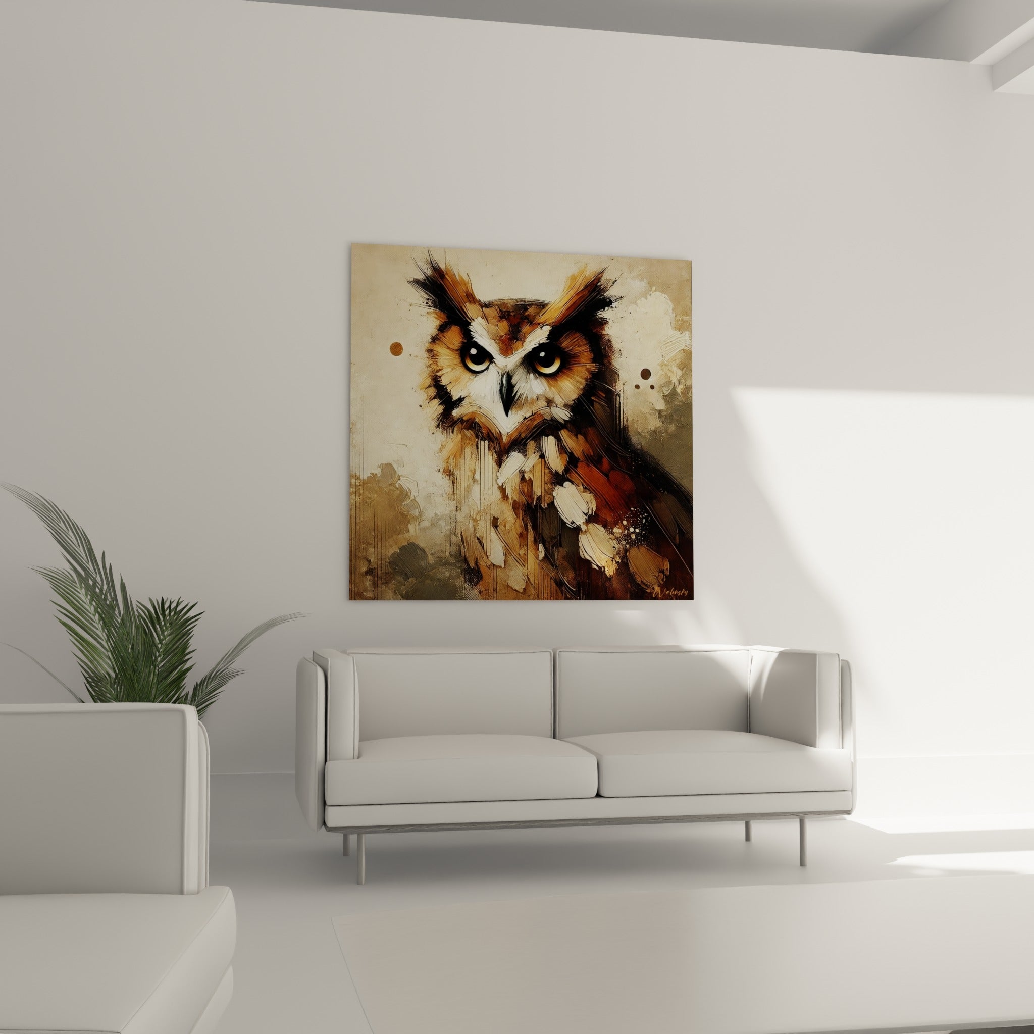 Plumage terracotta et crème d'un hibou peint accroché au-dessus d'un canapé dans un salon lumineux