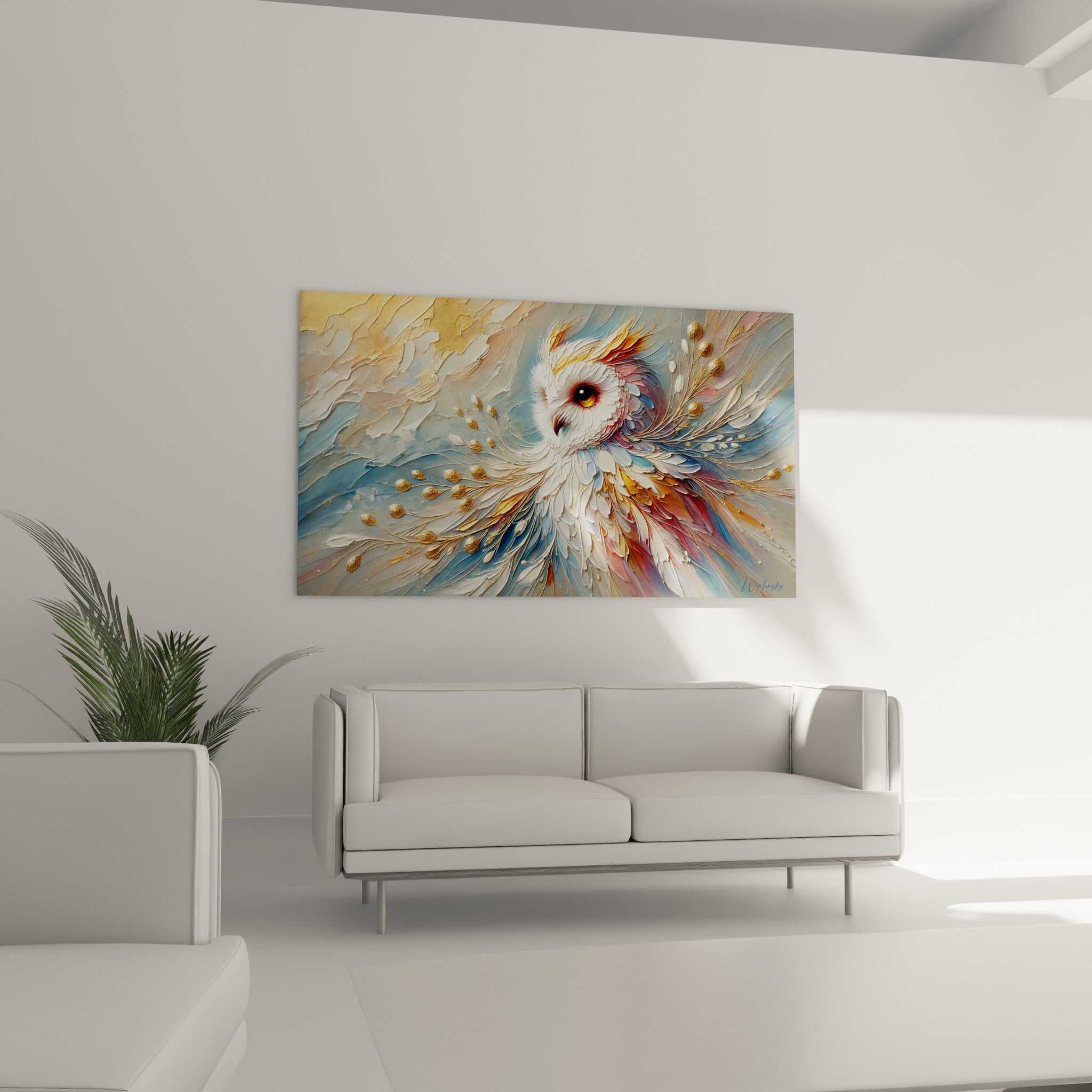 Plumage blanc et doré du hibou déployé au-dessus d'un canapé dans un salon lumineux