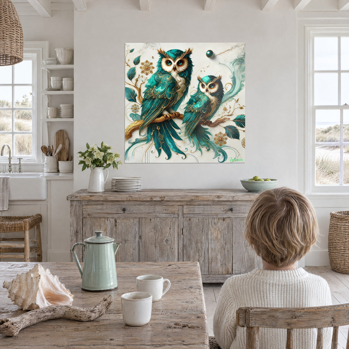 Tableau paire de hiboux sarcelle, plastron crème et arabesques cuivrées, au-dessus d'un buffet patiné, cuisine blanche ouverte sur les dunes