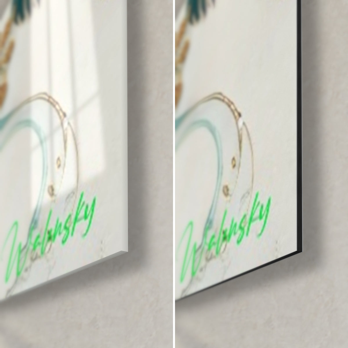 Tableau duo de rapaces nocturnes turquoise, coin bas droit en verre brillant et Dibond noir mat, signature verte, tranche 3 mm