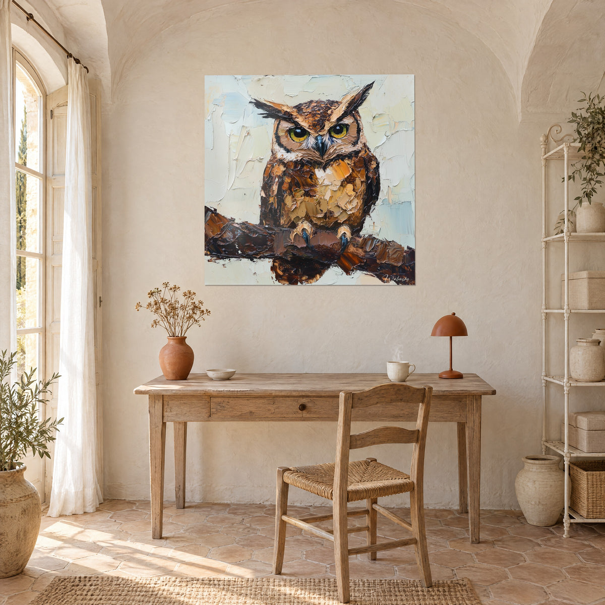 Schilderij waakuil, bruine en gouden olieverfstreken, crème- en blauwe achtergrond, aan de muur van een kantoor in licht hout