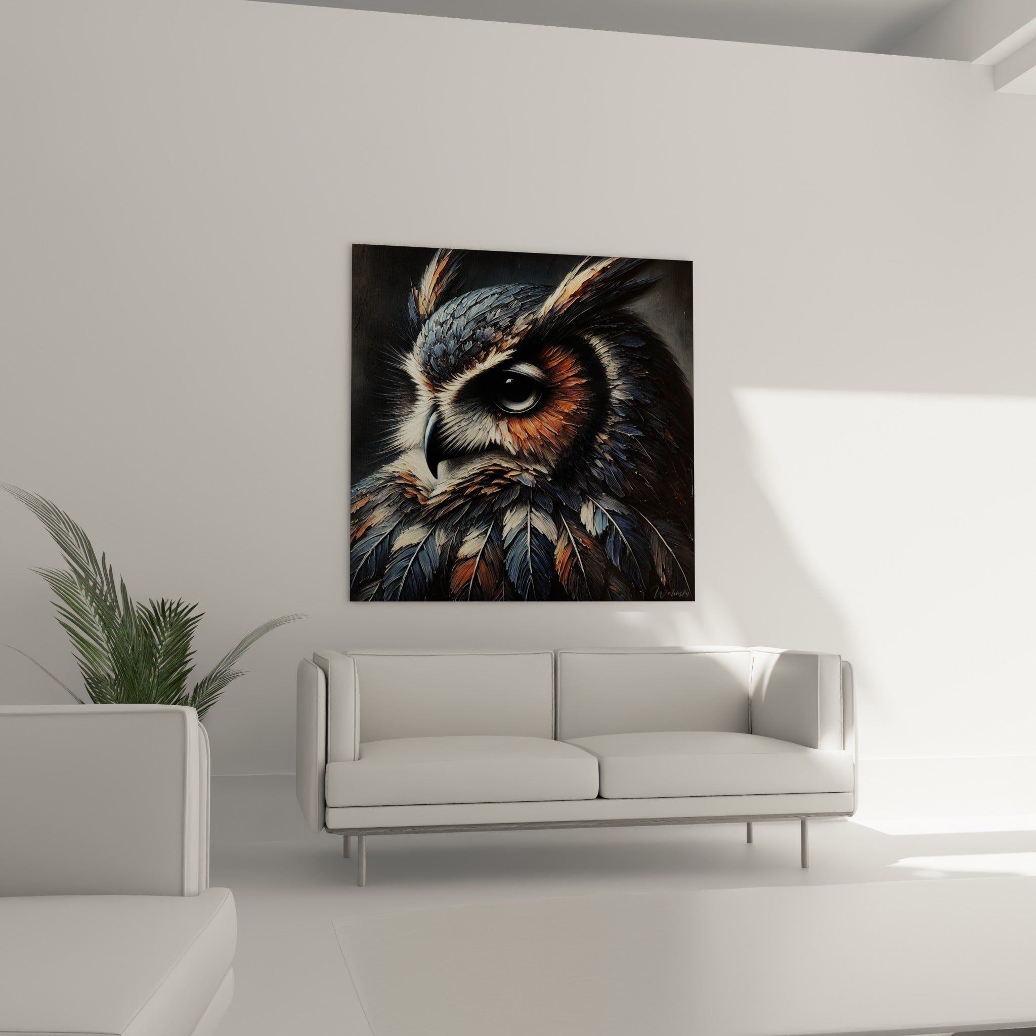 Plumes texturées d'un hibou bleu marine et fauve, au-dessus d'un canapé dans un salon lumineux
