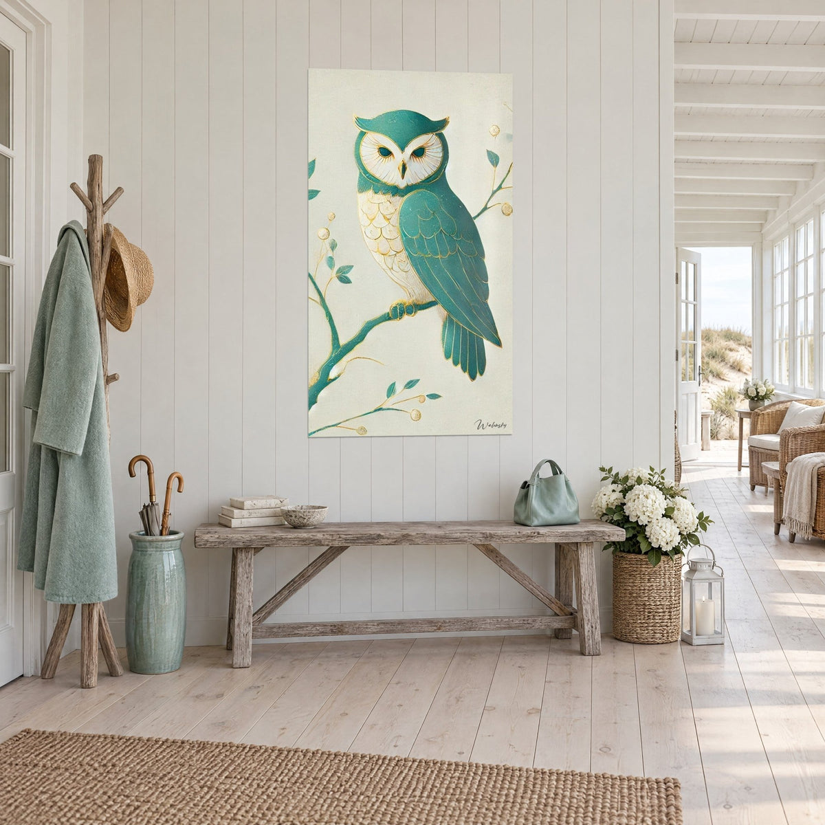 Wall art owl with sea-green and ivory plumage, gold-edged scales on a cream background, in a bright white-wood hallway