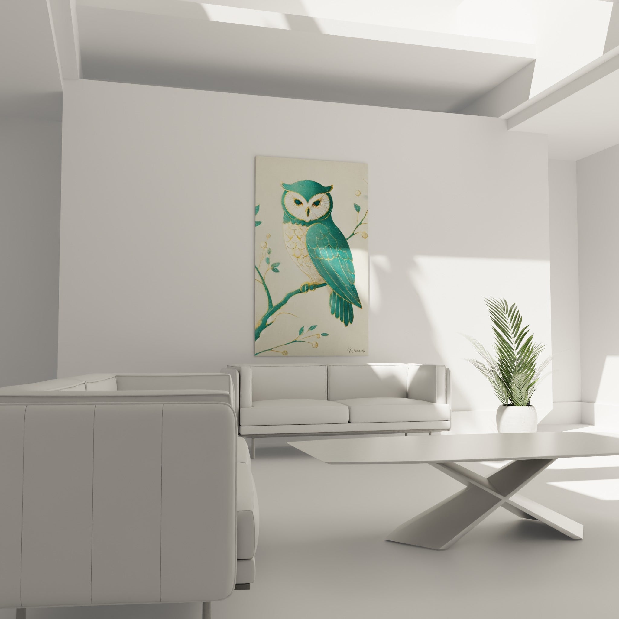 Oiseau nocturne aux tons vert d'eau et or perché sur une branche, au-dessus d'un canapé dans un salon lumineux