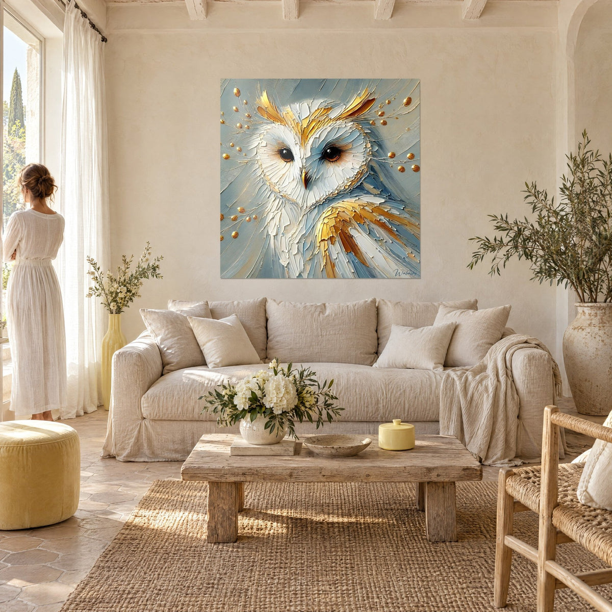Quadro barbagianni dagli occhi bruni, piume avorio e oro a impasto spesso, donna di spalle, sopra un divano in un soggiorno luminoso