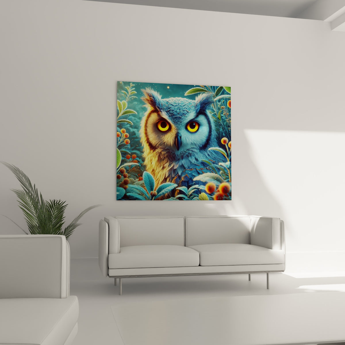 Regard hypnotique d'un hibou bleu givré entouré de feuillage doré, au-dessus d'un canapé dans un salon lumineux