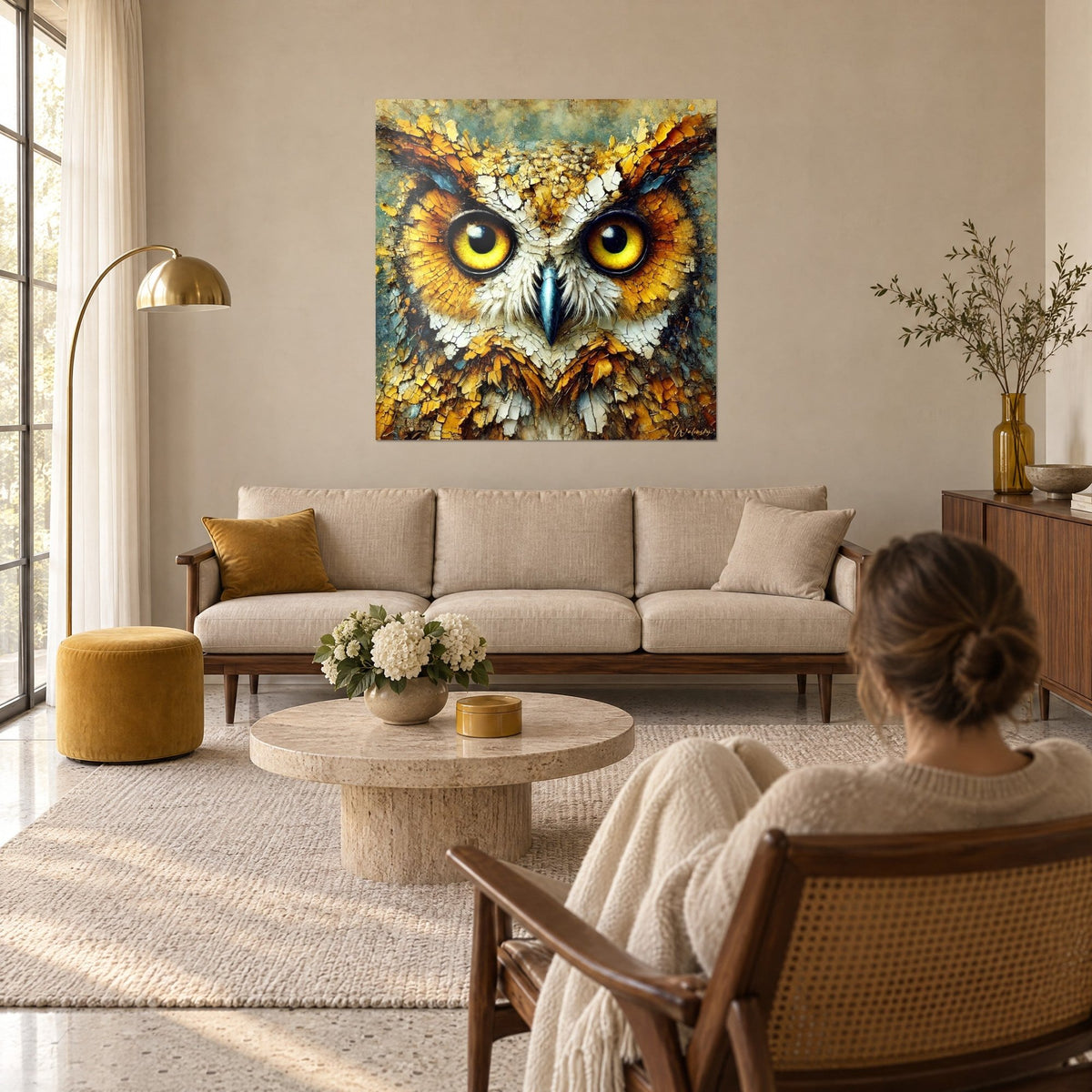 Gemälde Eule mit leuchtend gelben Augen und ockerfarben und weiß gerissenem Gefieder, über einem Sofa in einem hellen Wohnzimmer