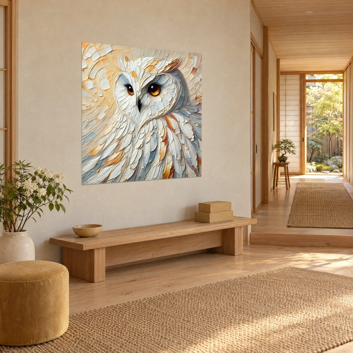 Wall art snowy owl painted with a palette knife, ivory plumage and burnt orange highlights, three-quarter view in a Japandi hallway