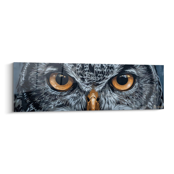 Cuadro de mirada intensa de búho con ojos ámbar sobre fondo gris - Guardián nocturno - Edición Street art plantilla