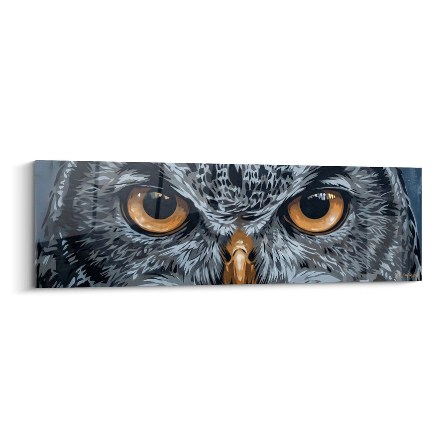Tableau regard intense de hibou aux yeux ambrés sur fond gris - Gardien nocturne - Edition Street art pochoir