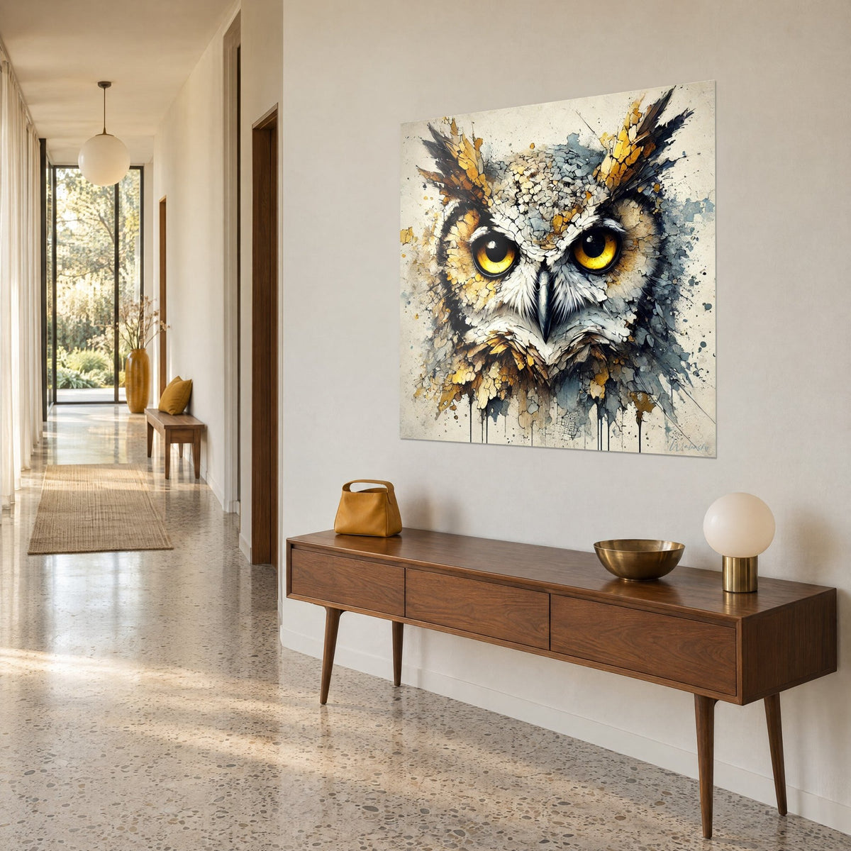 Quadro di barbagianni con piume incrinate grigio-azzurre e giallo senape, colature scure, parete bianca di un corridoio anni '50