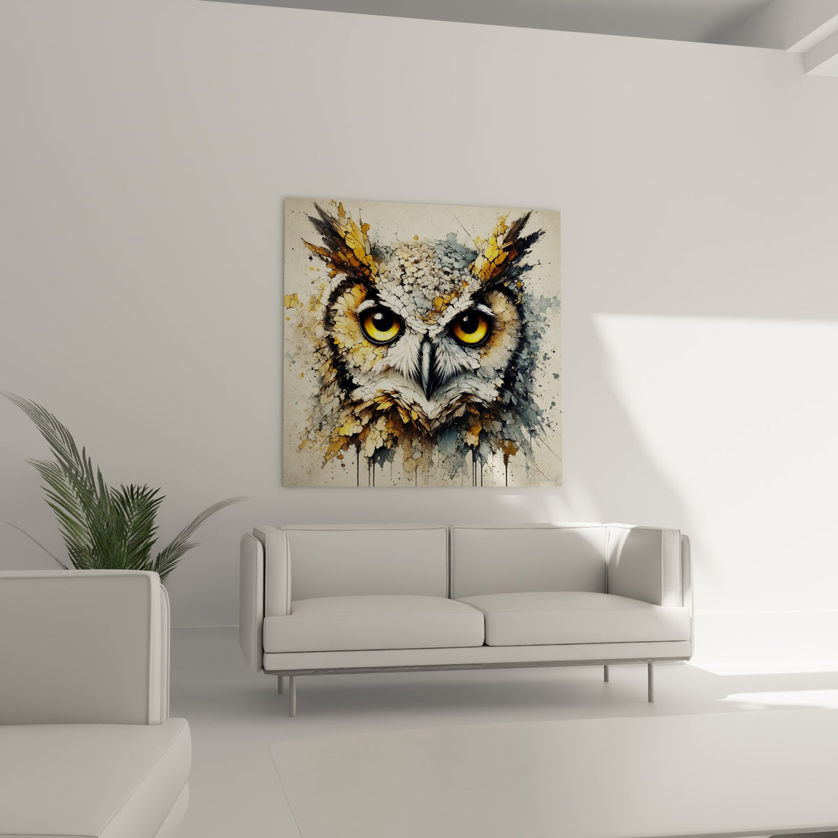 Regard intense du hibou anthracite et doré au-dessus d'un canapé dans un salon lumineux