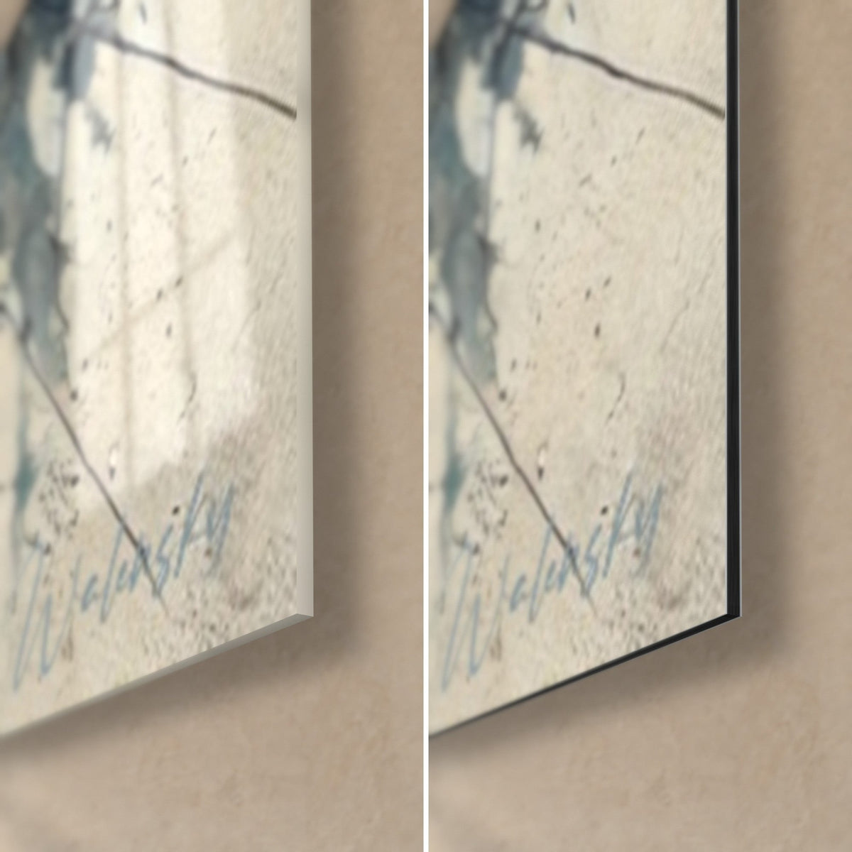Quadro di gufo con piume frantumate, angolo in basso a destra: vetro acrilico lucido a sinistra, alluminio Dibond nero opaco a destra, bordo di 3 mm