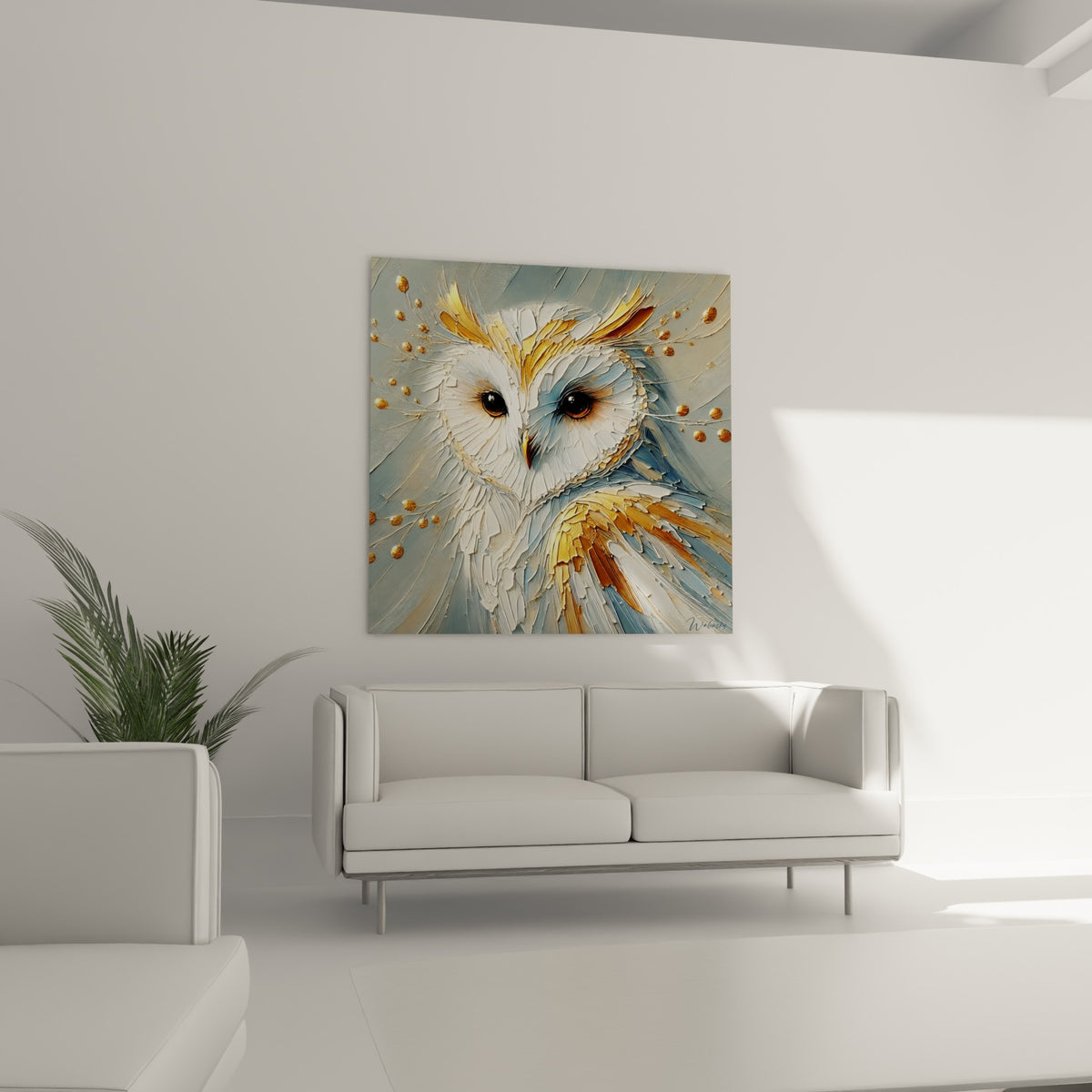 Portrait de hibou aux tons ocre et gris colombe, matière sculpturale, au-dessus d'un canapé dans un salon lumineux