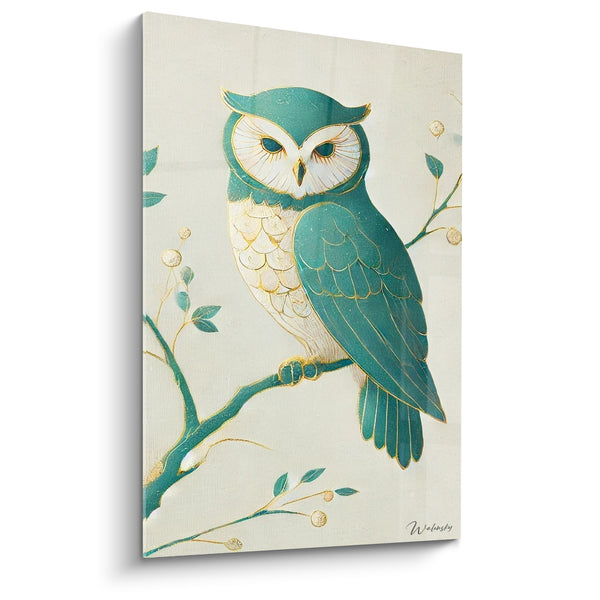 Tableau Hibou turquoise et ivoire sur branche fleurie - Baies dorées givrées - Edition Hibou