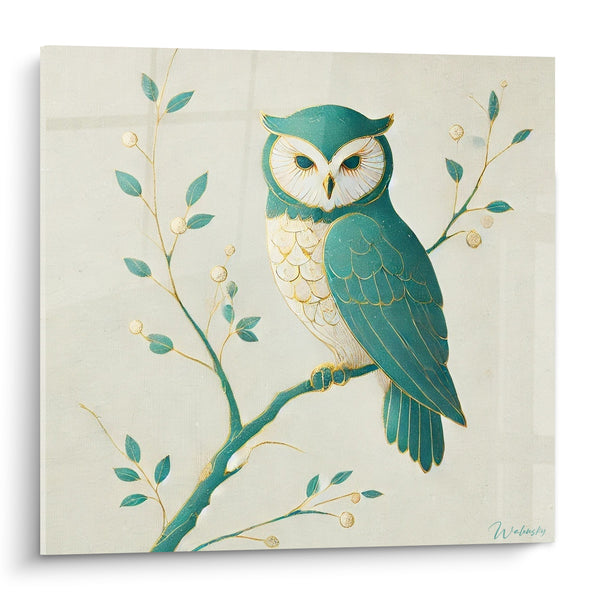Tableau Hibou perché branche dorée turquoise - Veille silencieuse - Edition Hibou