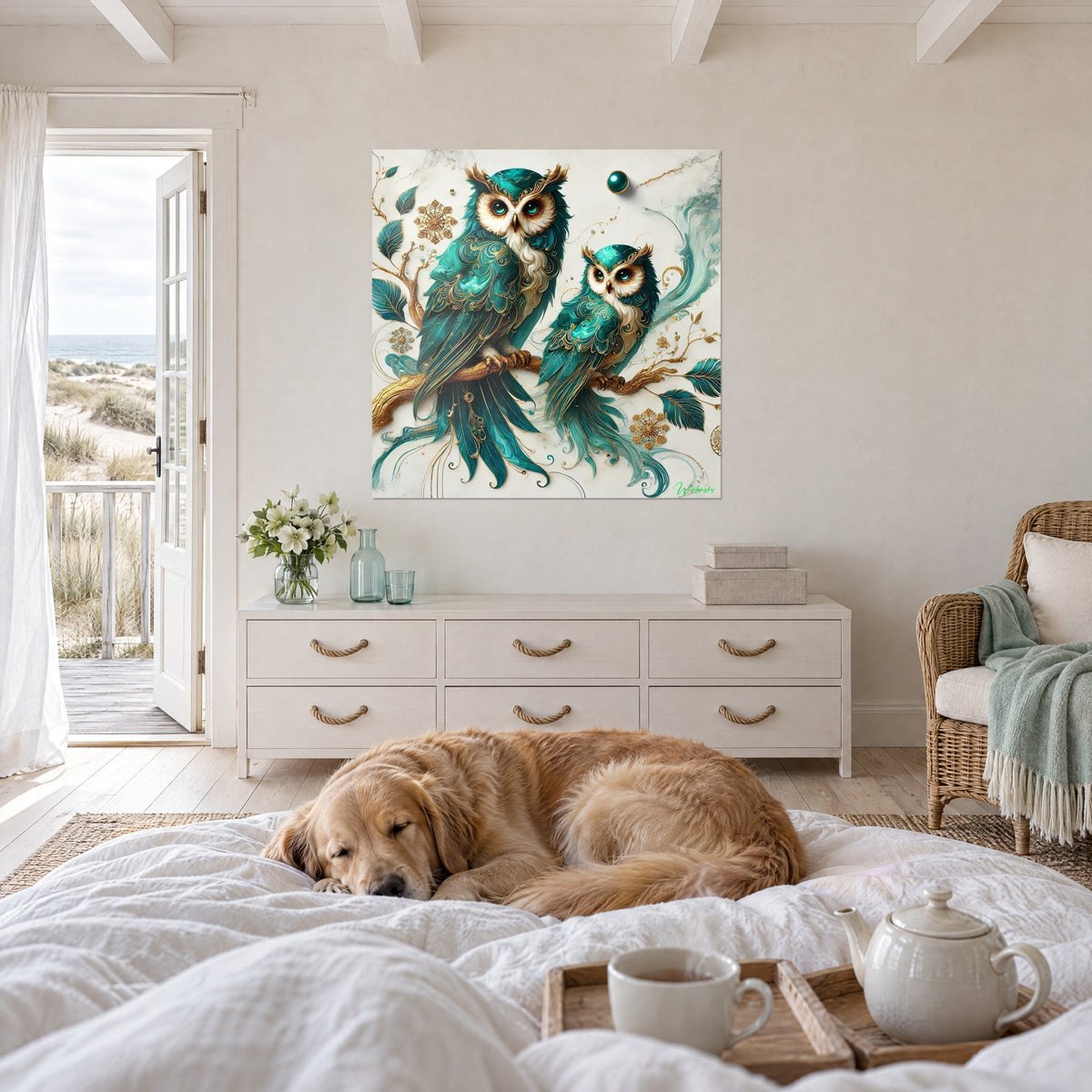Tableau oiseaux de nuit vert jade et or sur branche dorée, face à un lit blanc et un retriever endormi, dans une chambre claire