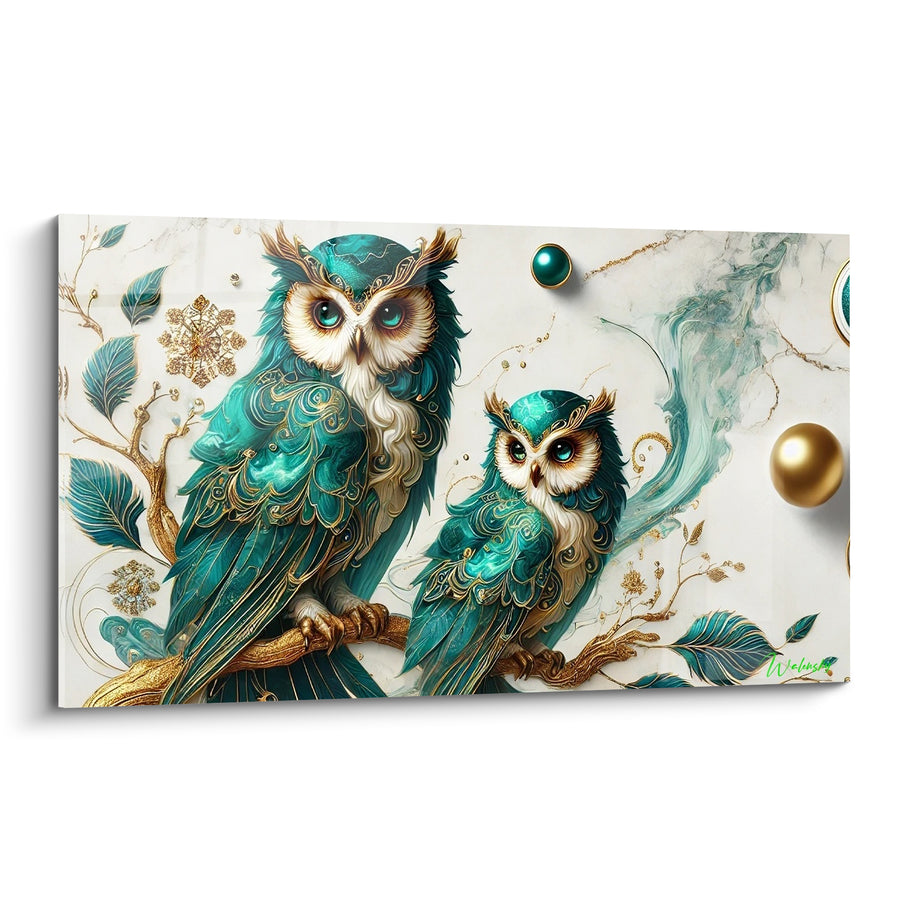 Tableau Hiboux turquoise et dorés sur branche - Gardiens précieux - Edition Hibou