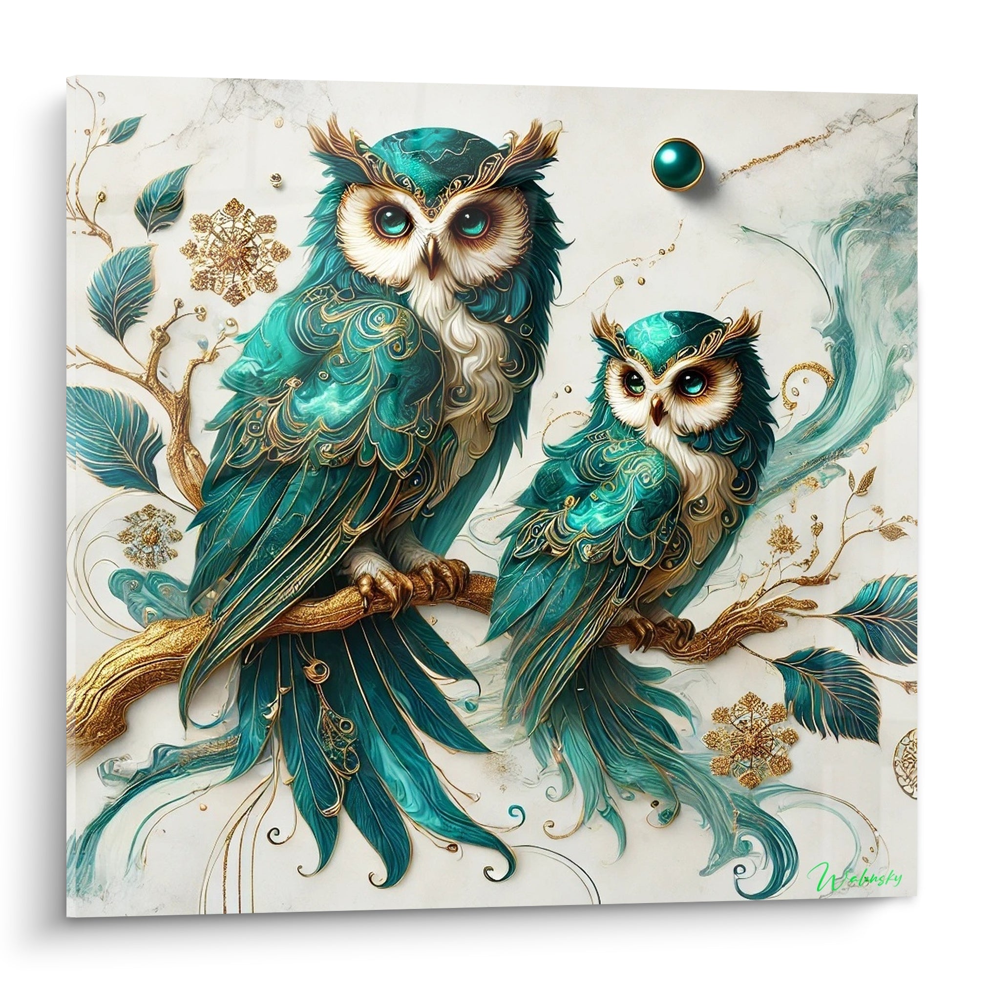 Hibou turquoise et doré au plumage filigrané, regard ambré perçant sur fond marbré clair