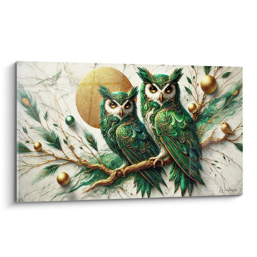 Tableau Duo de hiboux perchés vert et doré - Veille sous la lune - Edition Hibou