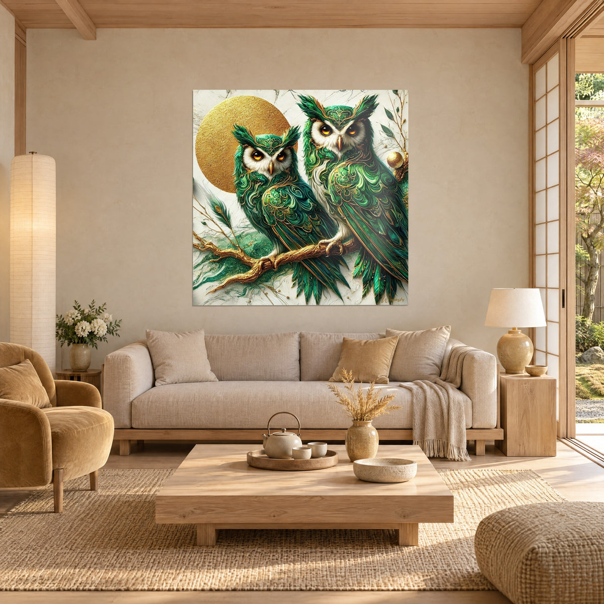 Gemälde Eulenpaar mit smaragdgrünem und goldenem Gefieder, glitzernder goldener Mond, kupferfarbener Zweig, über einem Sofa in einem hellen Wohnzimmer