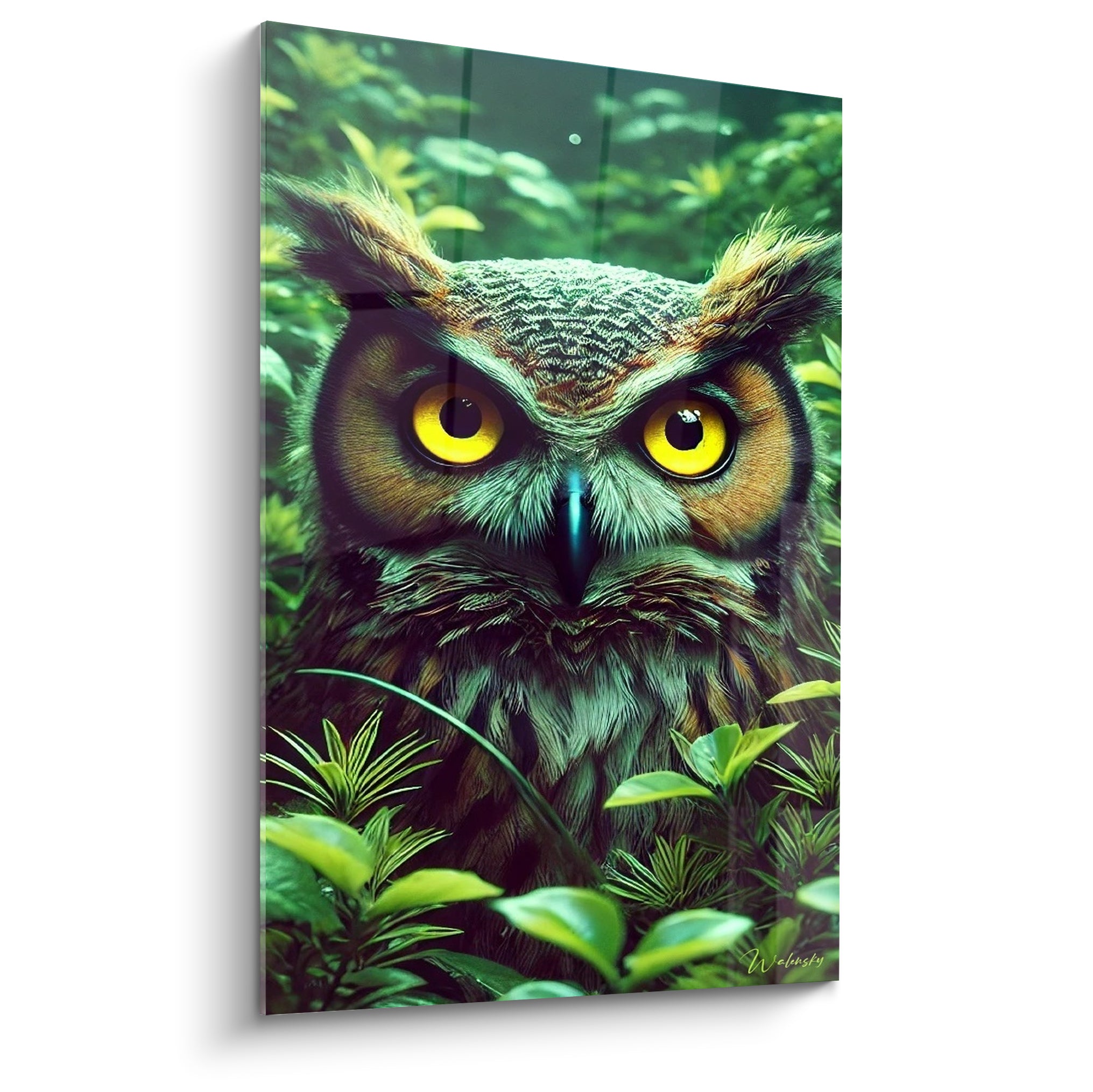 Hibou vert sauge et fauve aux yeux dorés perçants, dissimulé dans un feuillage luxuriant